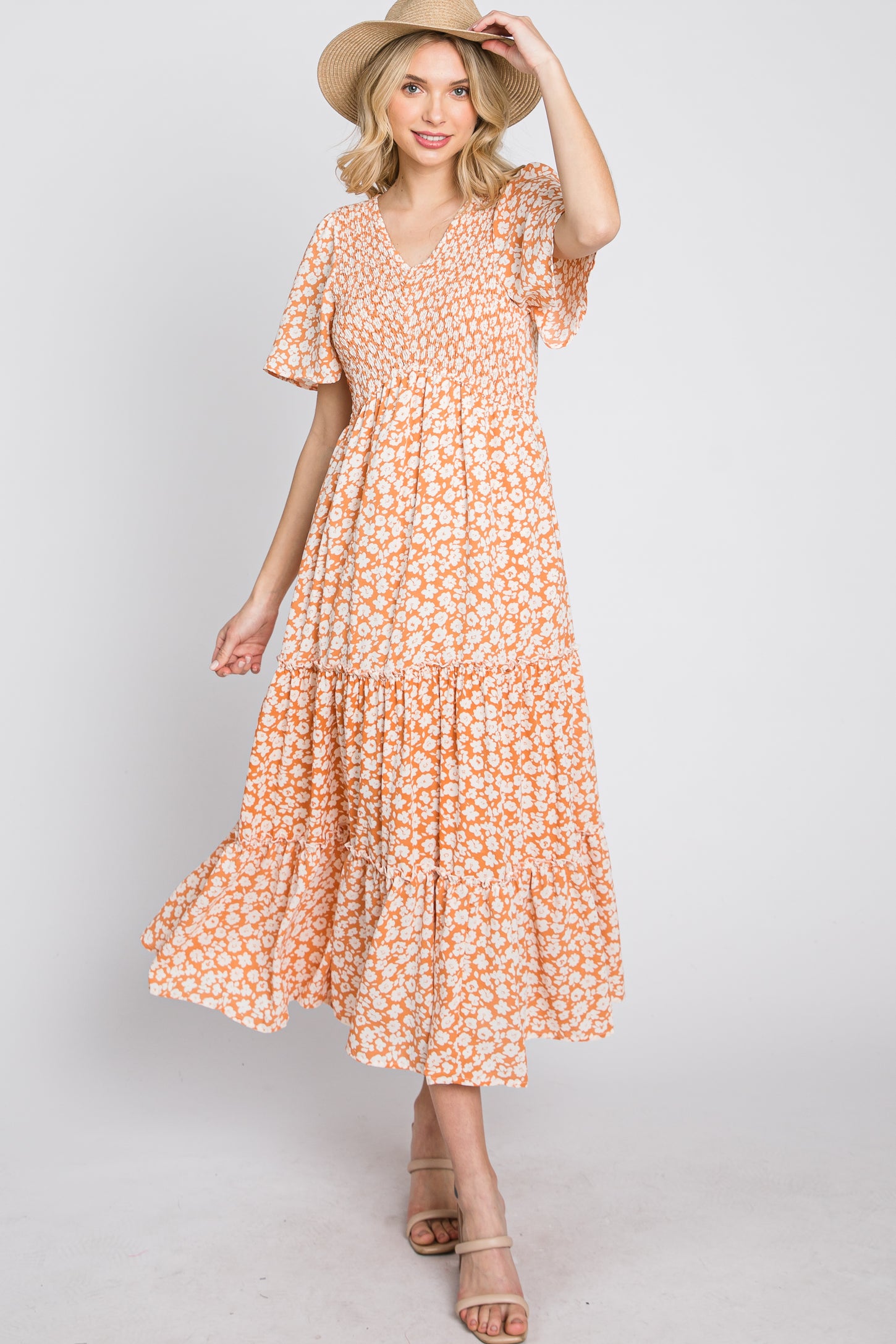 Peach Floral Tiered Midi Dress