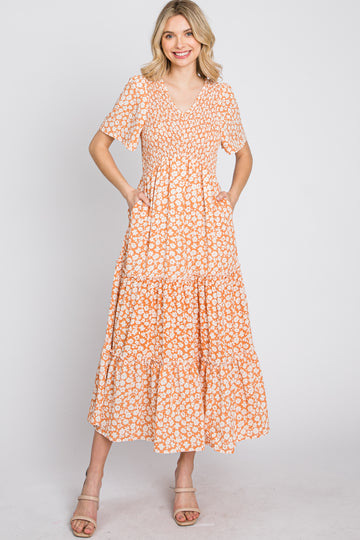 Peach Floral Tiered Midi Dress