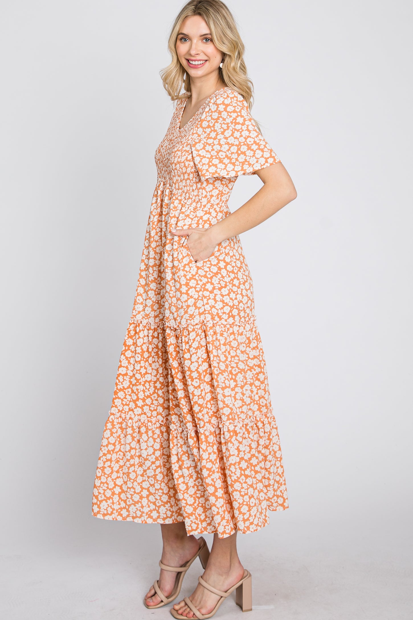 Peach Floral Tiered Midi Dress