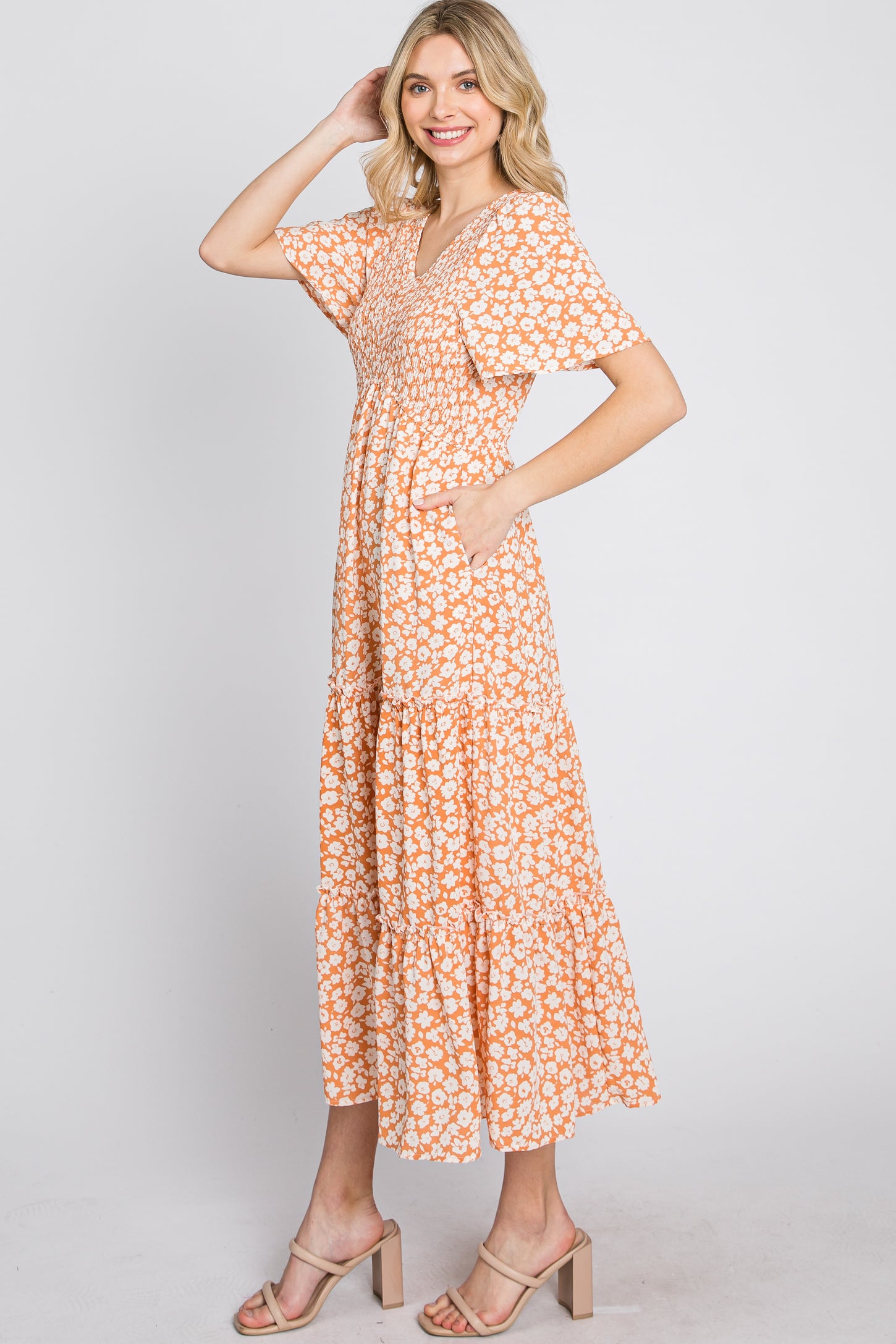 Peach Floral Tiered Midi Dress