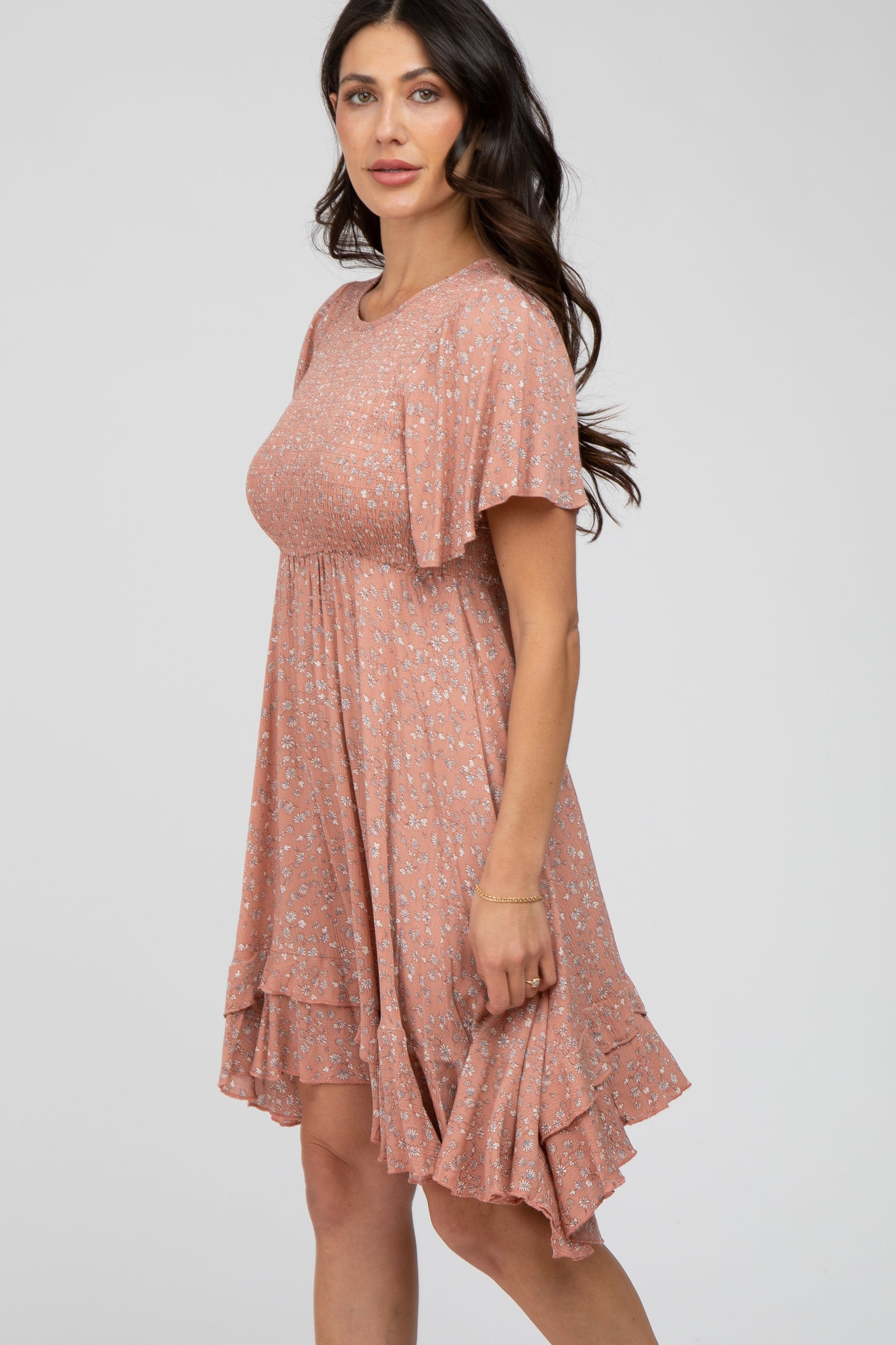 Mauve Floral Smocked Ruffle Dress