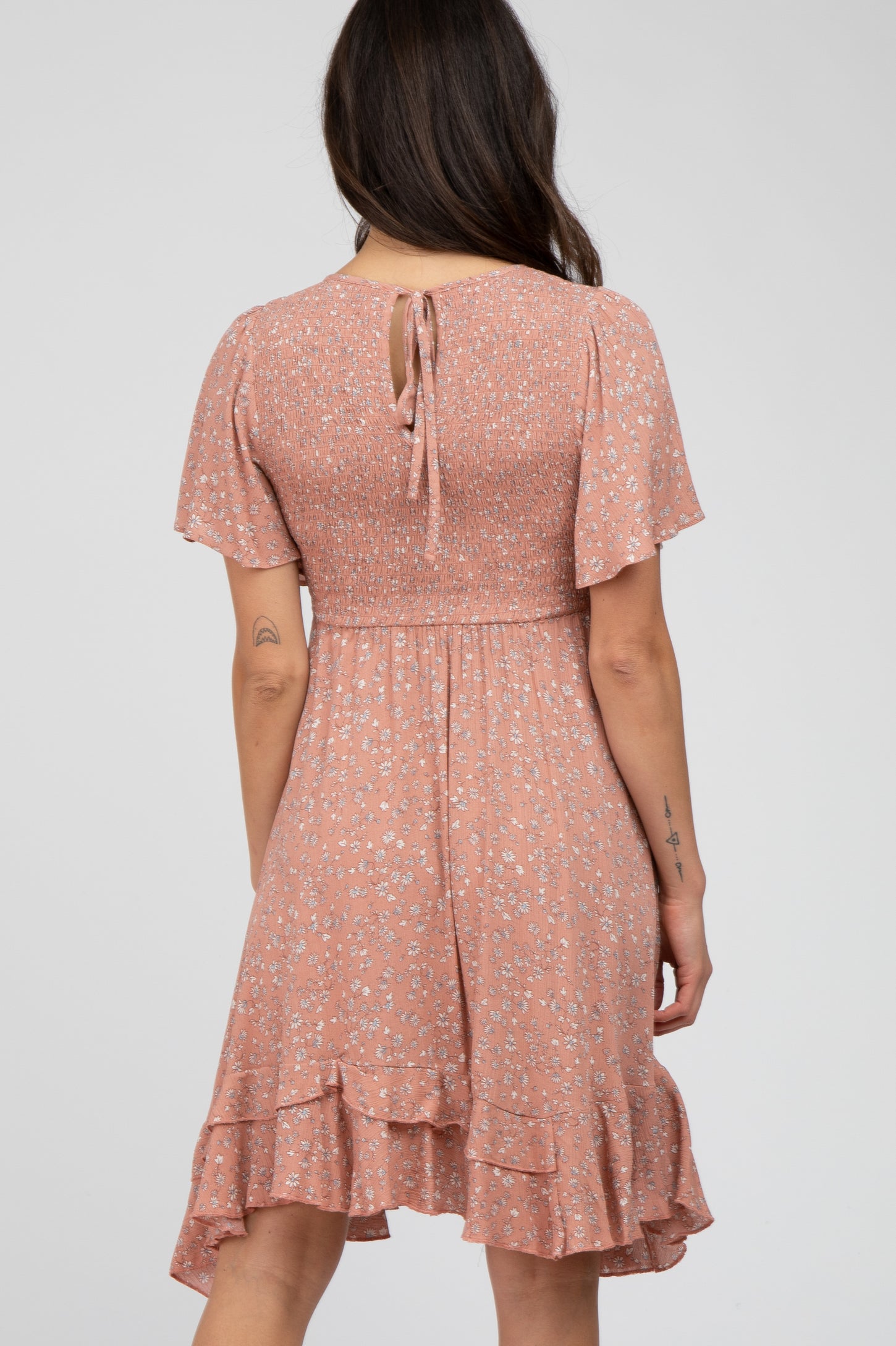 Mauve Floral Smocked Ruffle Dress