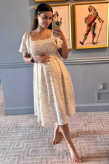 Cream Floral Smocked Square Neck Maternity Midi Dress