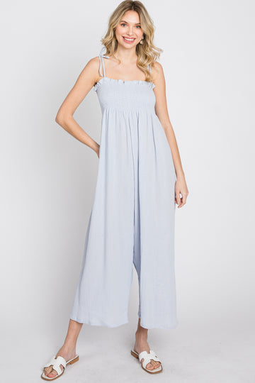 Light Blue Gauze Smocked Tie Strap Jumpsuit