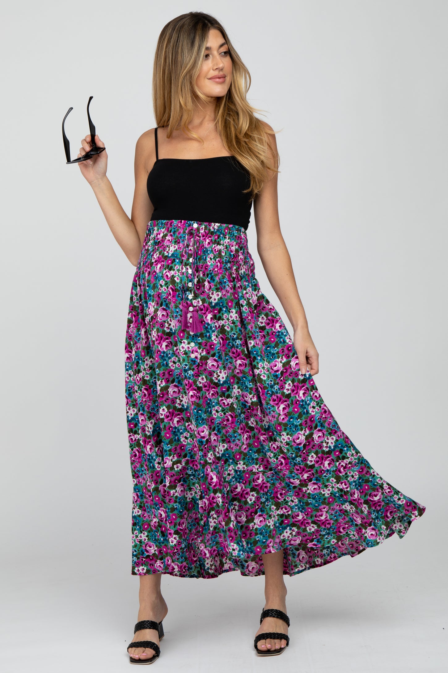 Fuchsia Floral Hi-Low Button Front Maternity Skirt