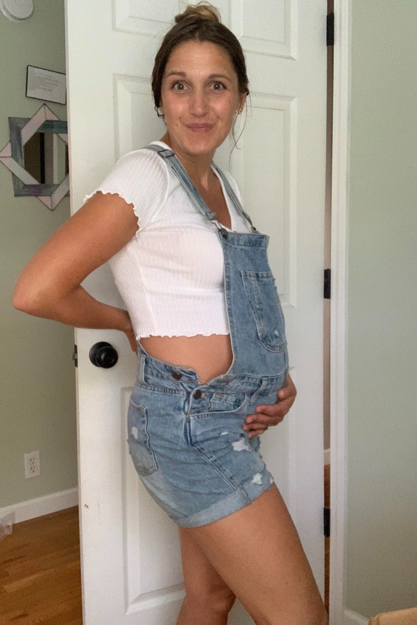 Blue Distressed Maternity Denim Short Overalls