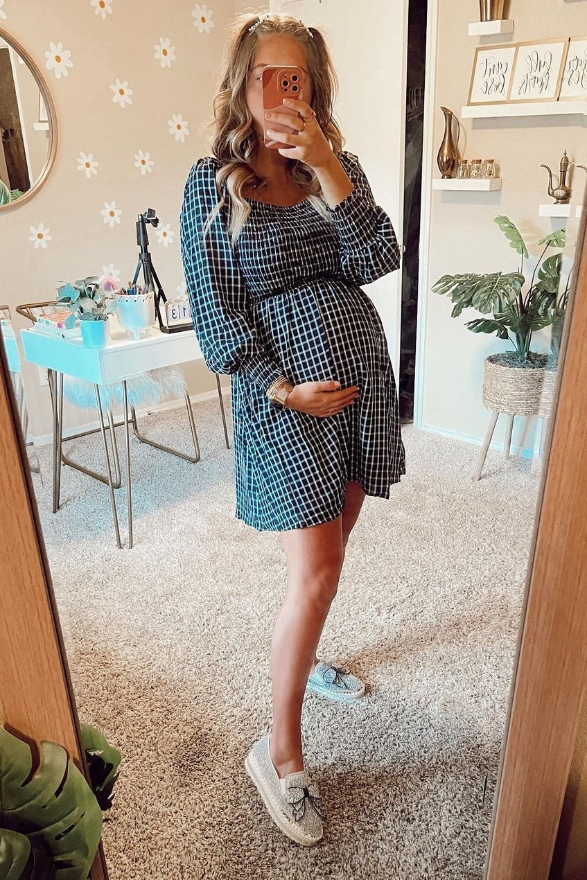 Black Plaid Smocked Maternity Dress