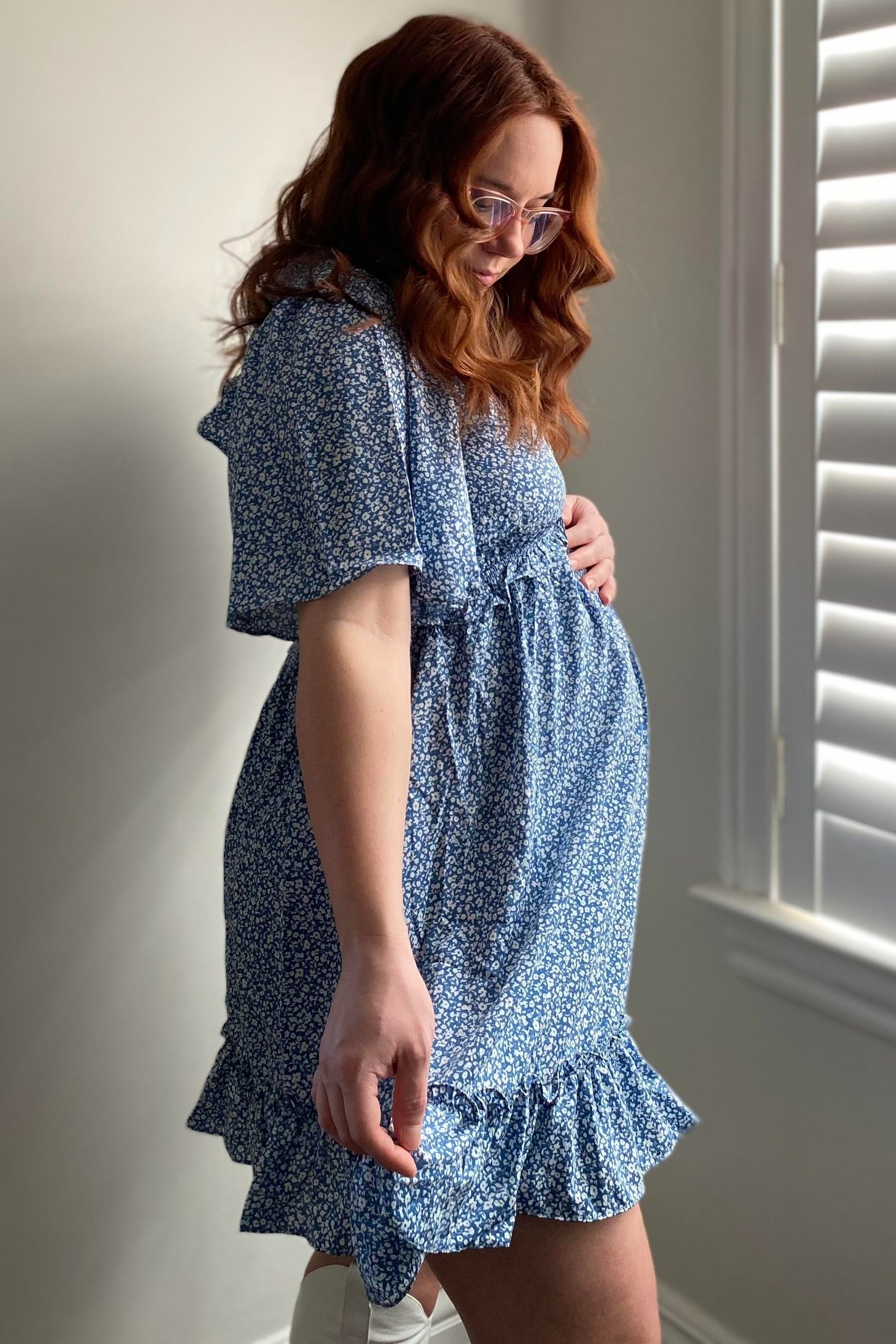 Blue Floral Ruffle Accent Cutout Maternity Dress