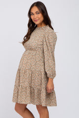 Beige Floral Shirred Mock Neck Maternity Dress