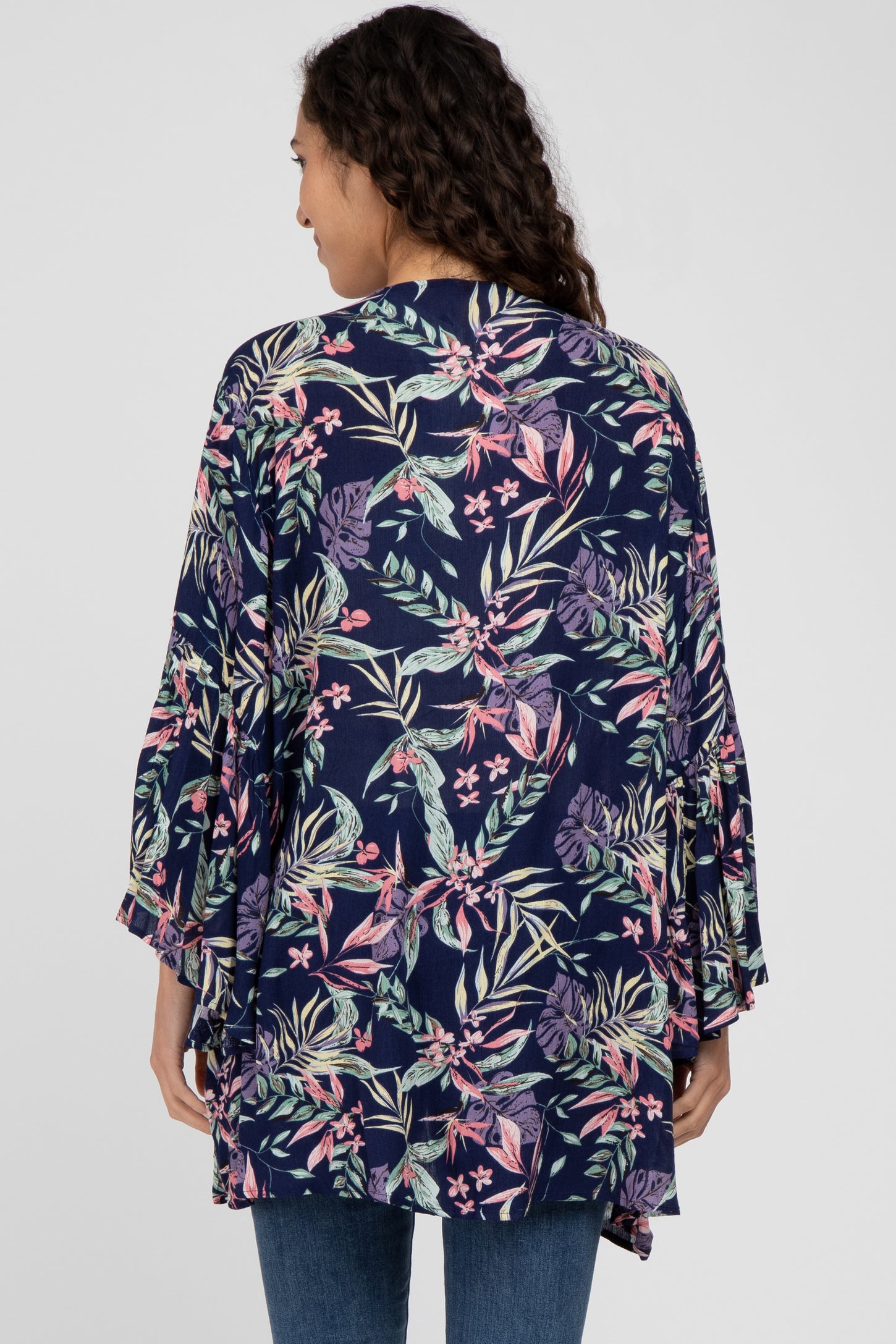 Navy Blue Floral Bell Sleeve Cover Up