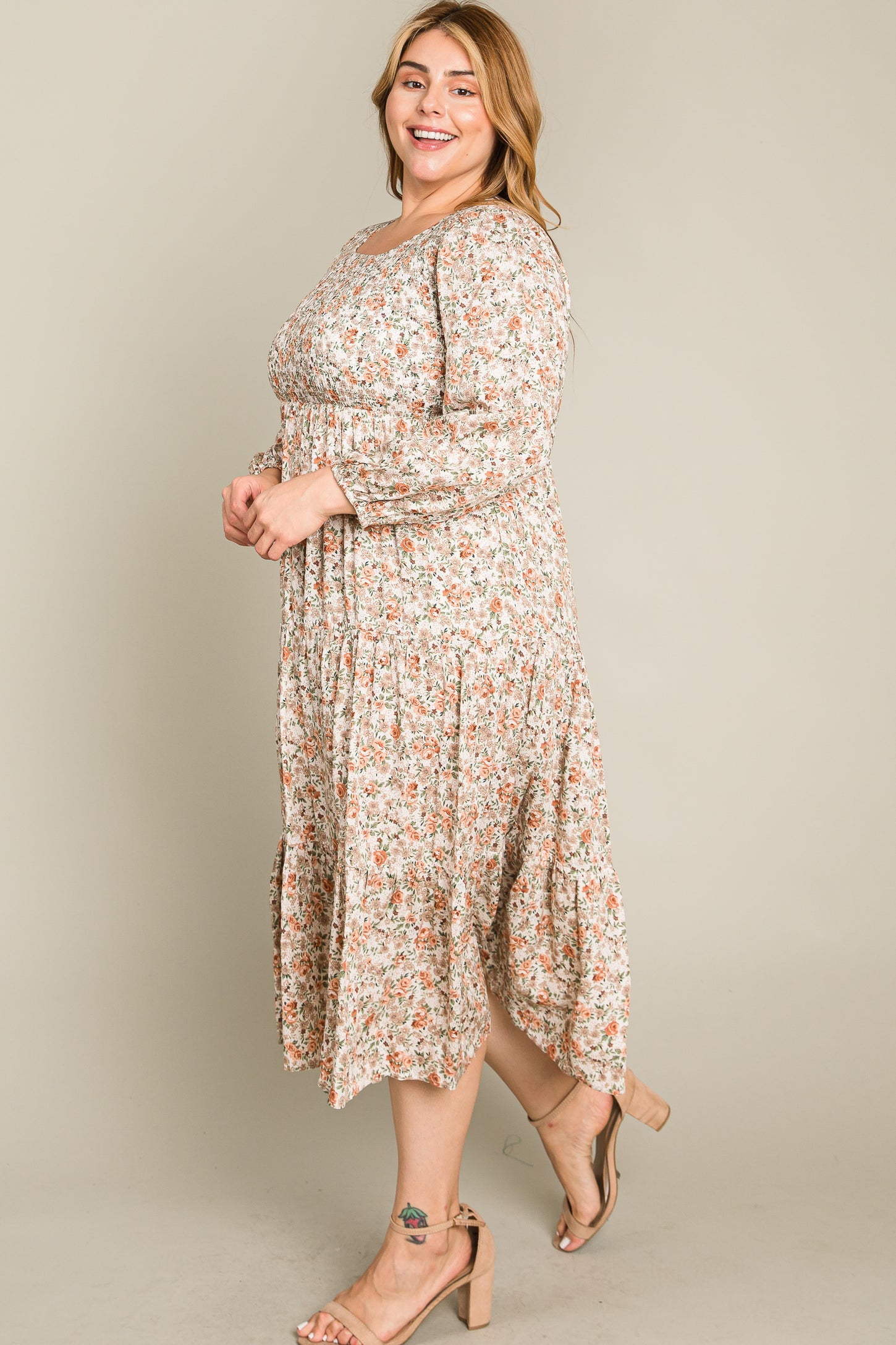 Cream Floral Smocked 3/4 Sleeve Plus Midi Dress