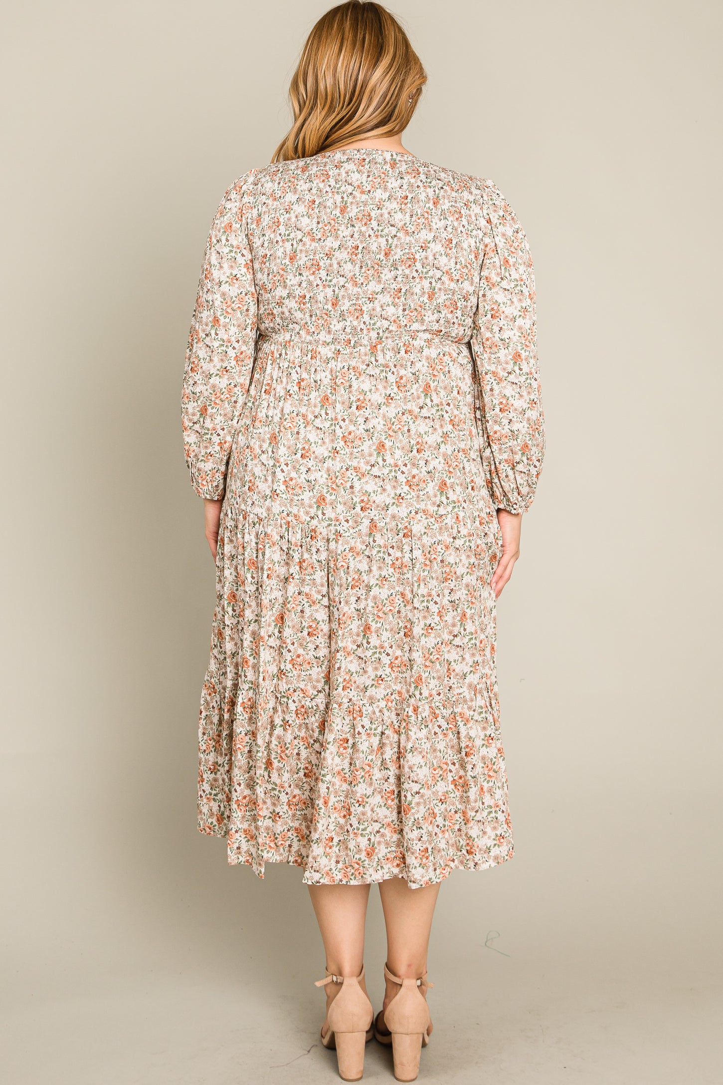 Cream Floral Smocked 3/4 Sleeve Plus Midi Dress