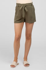 Olive Pinstriped Belted Maternity Shorts
