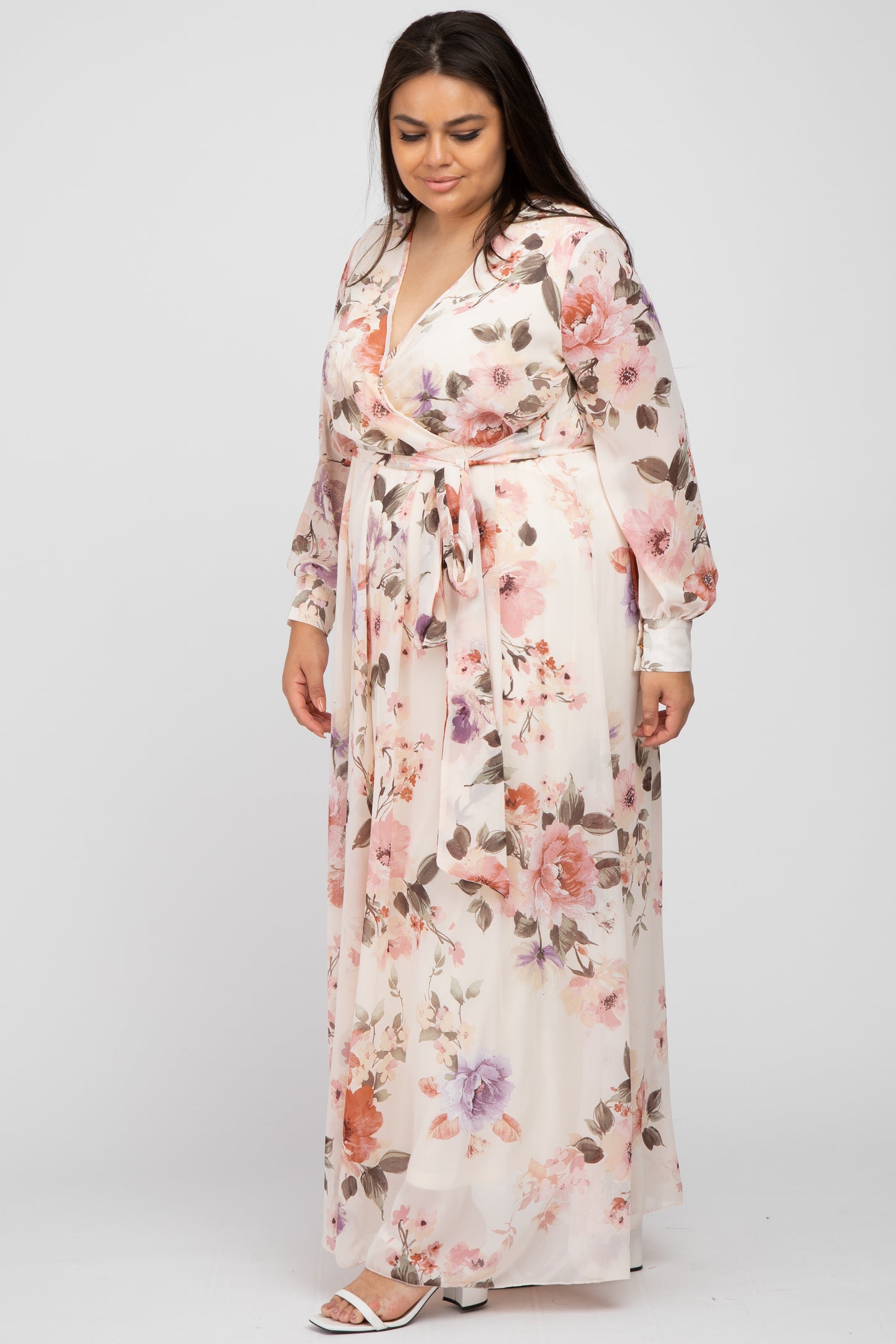 Cream Floral Chiffon Long Sleeve Pleated Maxi Dress