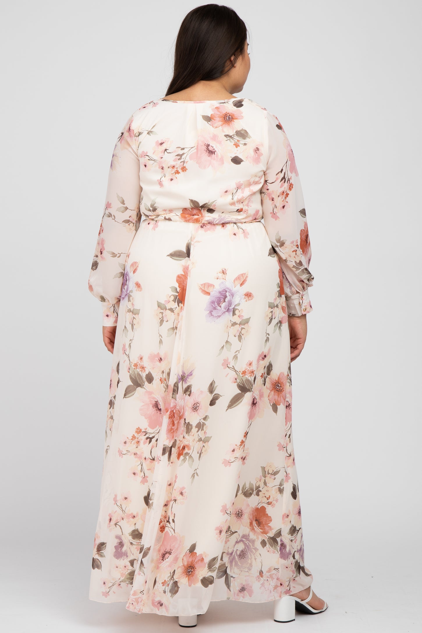 Cream Floral Chiffon Long Sleeve Pleated Maxi Dress PinkBlush Cream Floral Chiffon Long Sleeve Pleated Maxi Dress PinkBlush