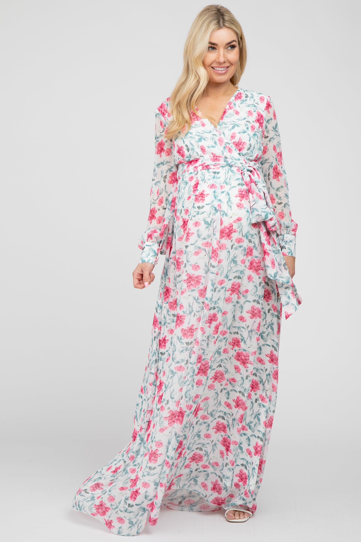 Ivory Floral Chiffon Long Sleeve Pleated Maternity Maxi Dress