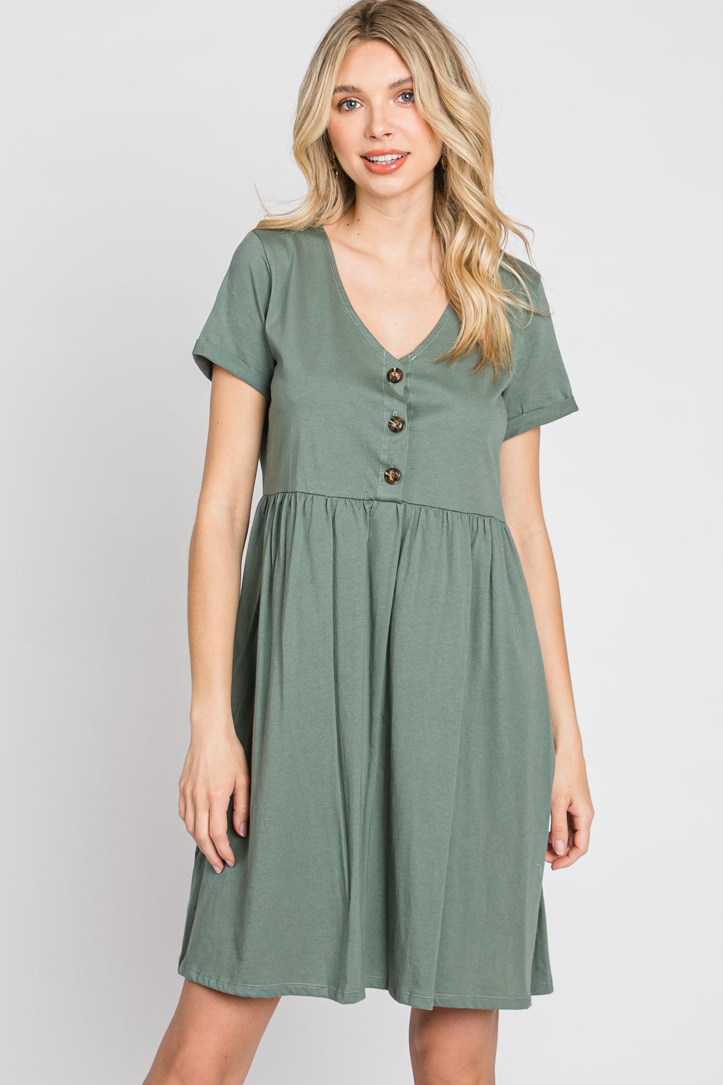 Olive Button Front Basic Dress