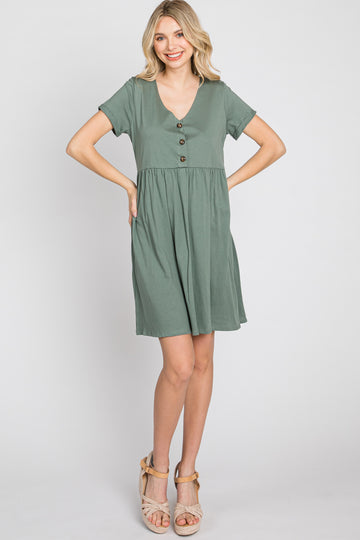 Olive Button Front Basic Dress
