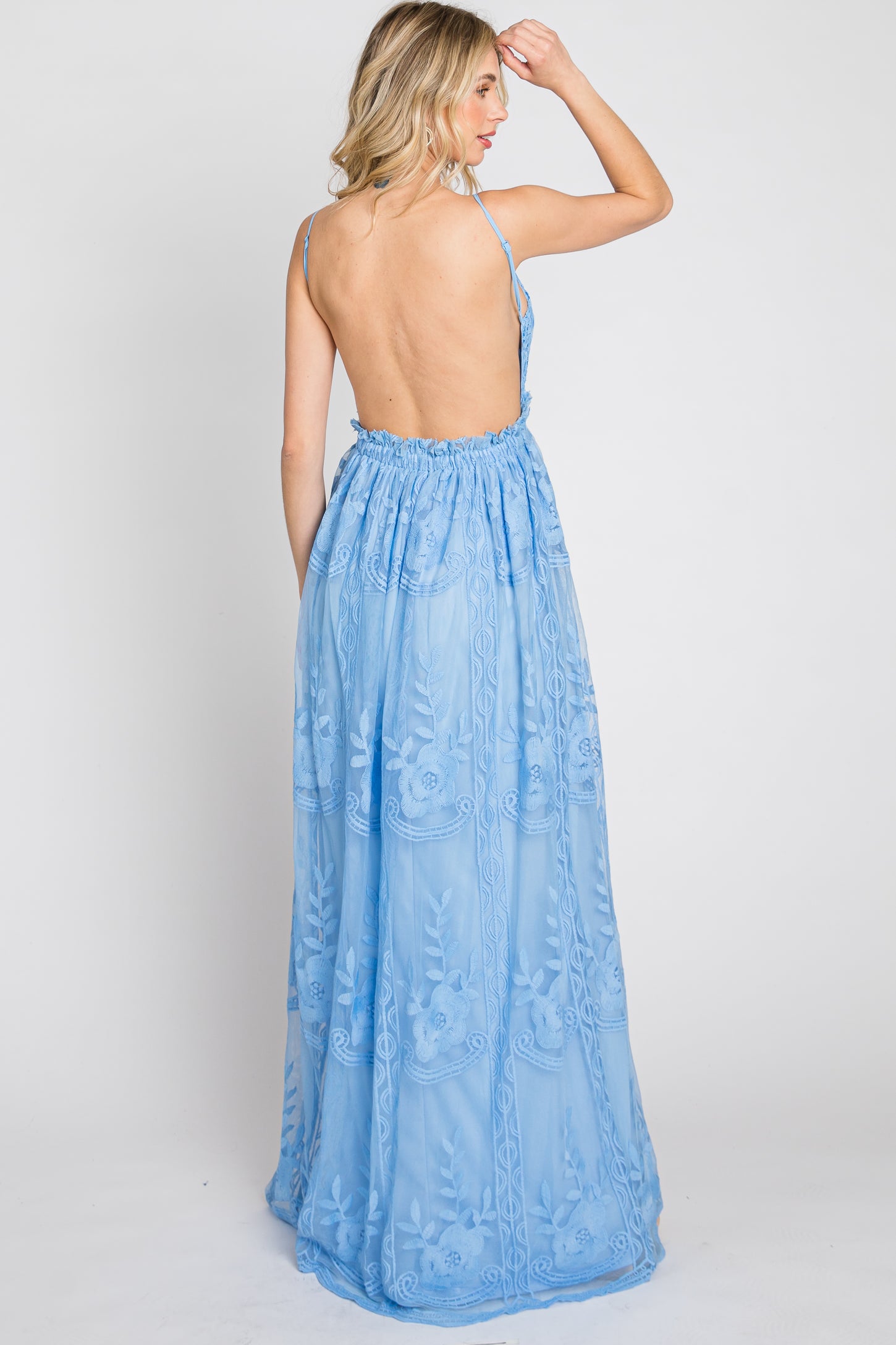 crochet lace open back maxi dress The Rosalind Crochet and Embroidered V-Back Maxi Dress