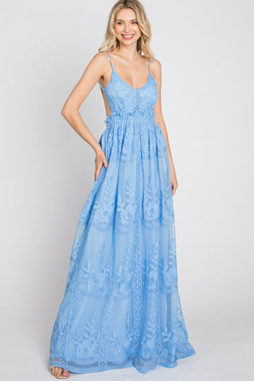 Blue Crochet Lace Open Back Maxi Dress