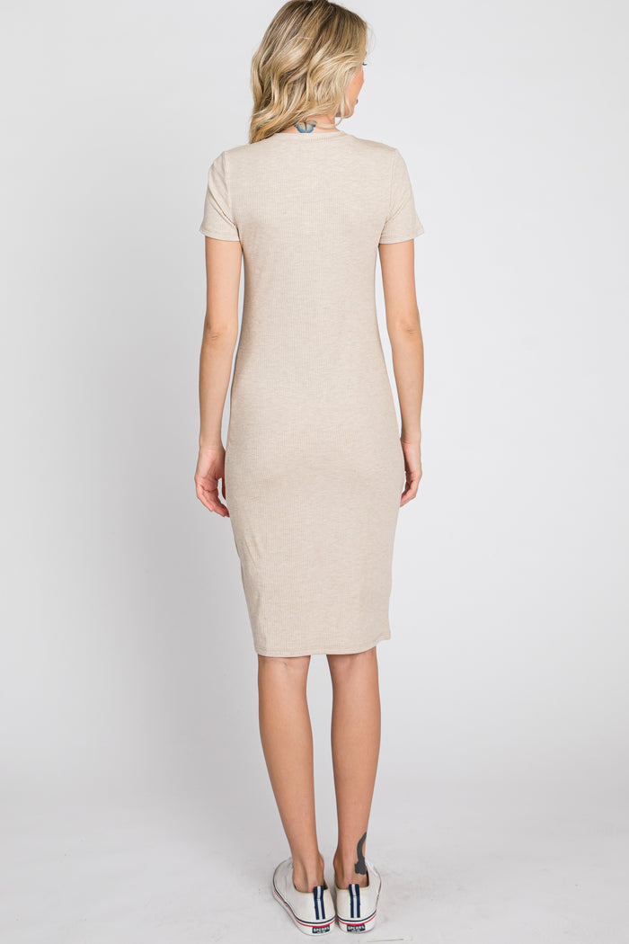 Beige Ribbed Fitted Dress