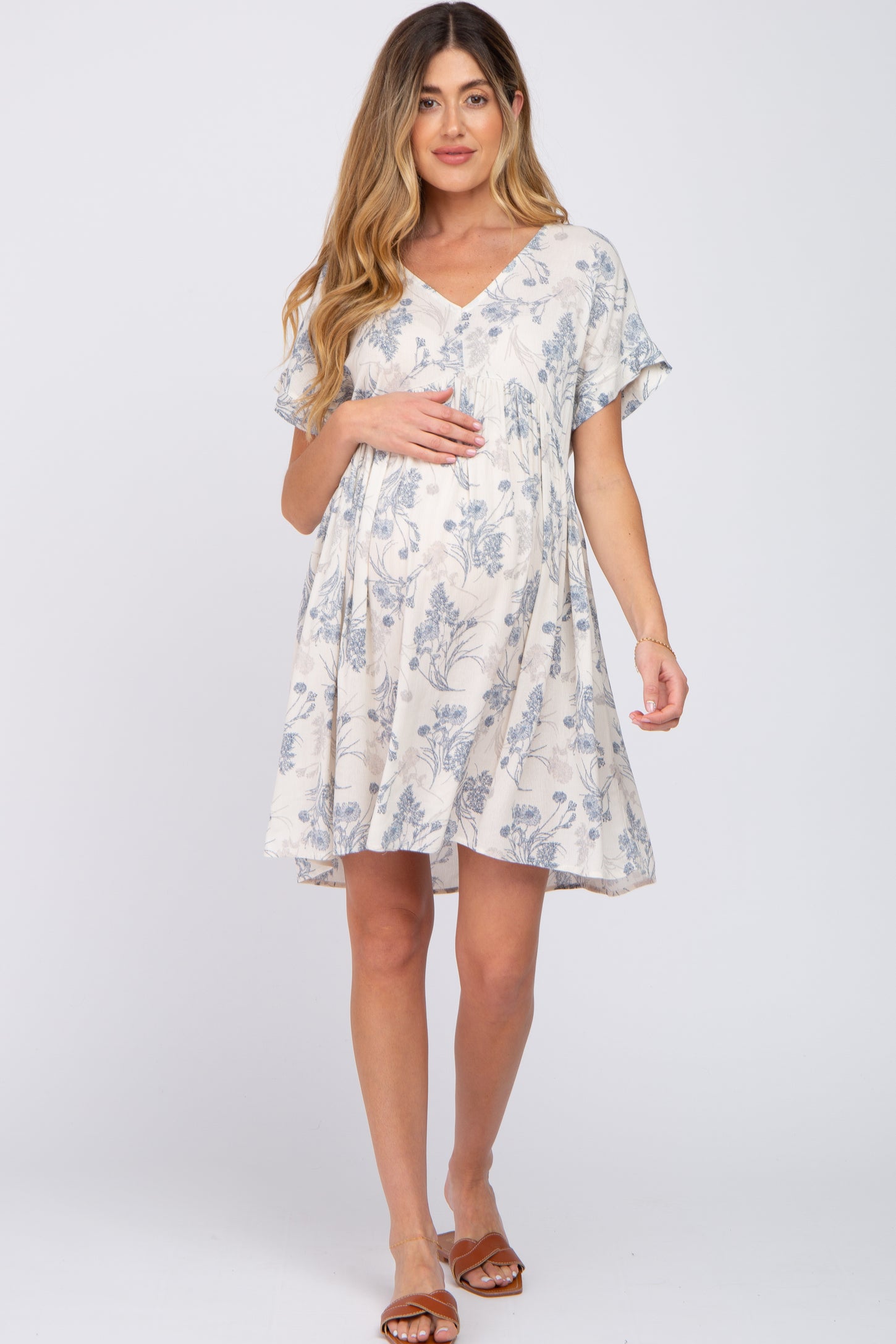 Blue Floral V-Neck Maternity Dress