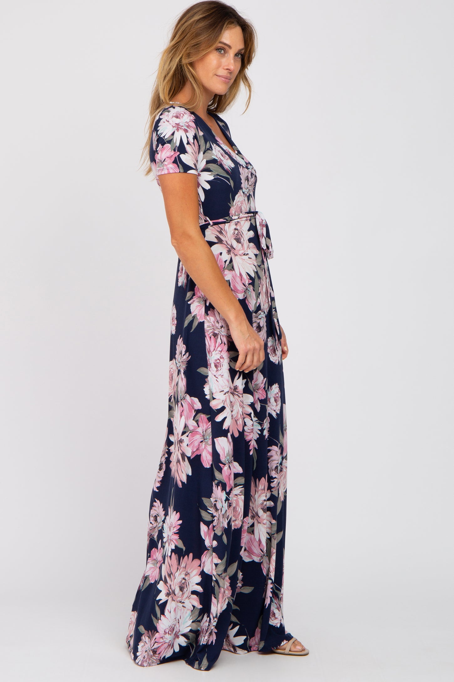 Navy Blue Floral Wrap Nursing Maxi Dress