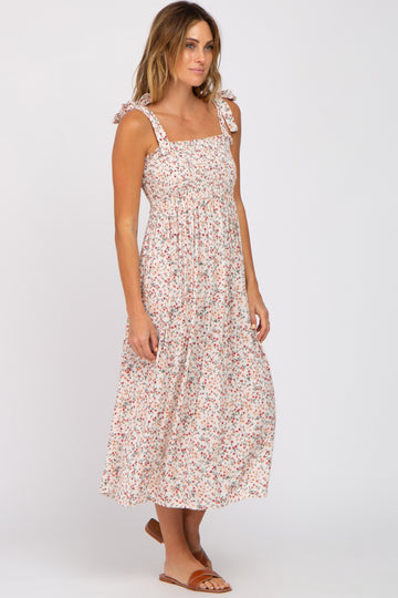 Cream Floral Smocked Tie Strap Midi Dress