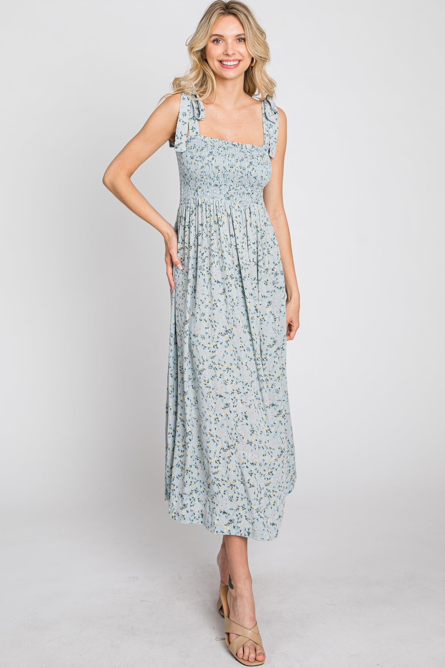 Light Blue Floral Smocked Tie Strap Midi Dress