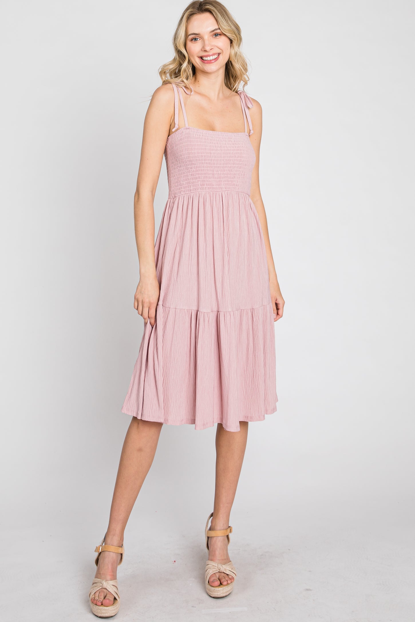 Pink Smocked Shoulder Tie Maternity Dress