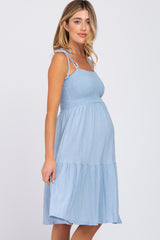 Light Blue Smocked Shoulder Tie Maternity Dress