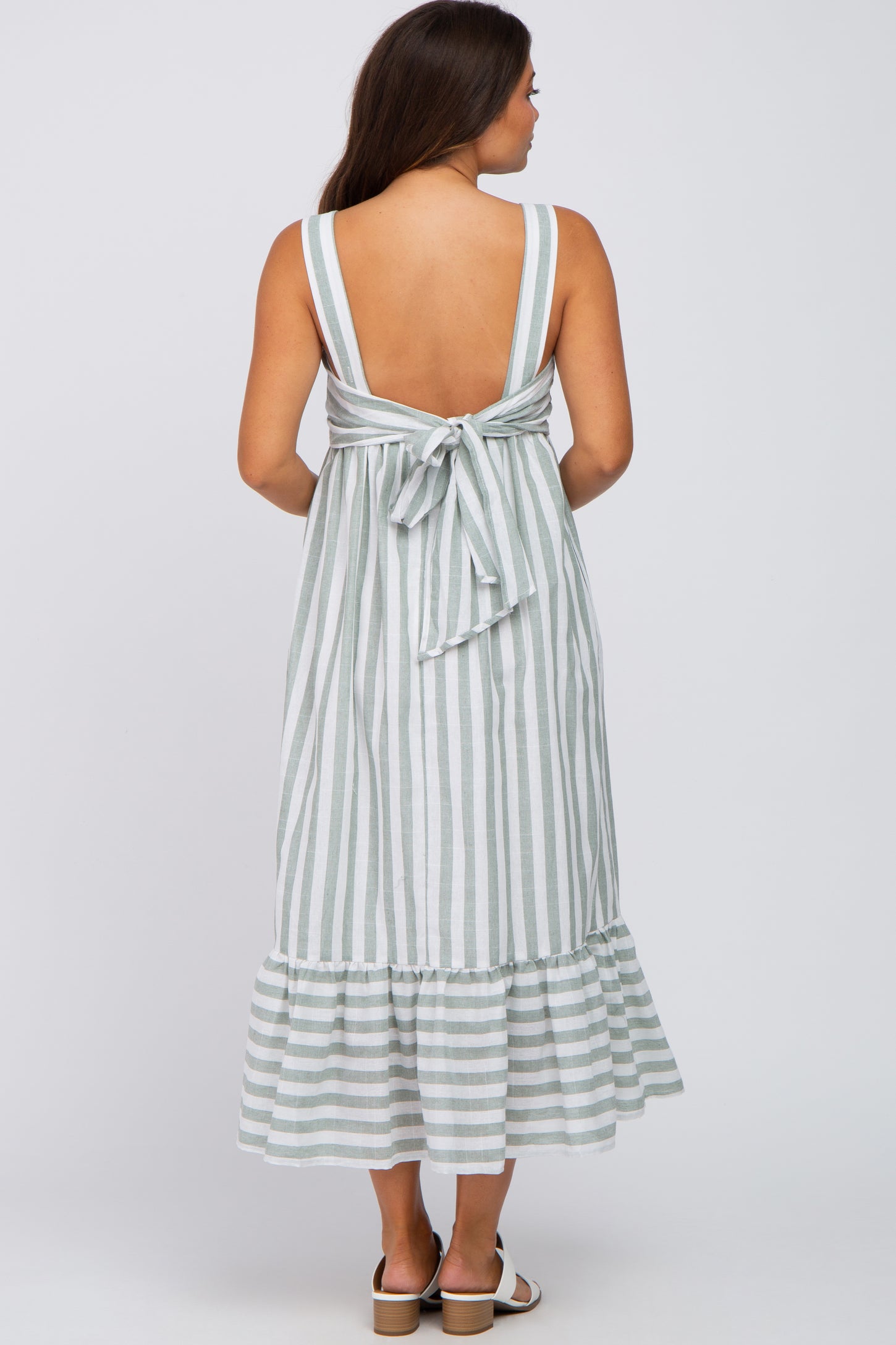 Sage Striped Sleeveless Ruffle Hem Maternity Maxi Dress