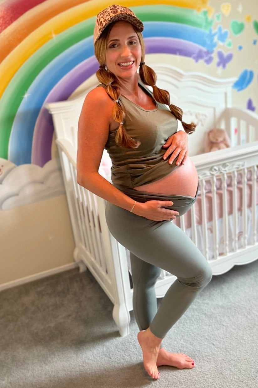 Light Olive Crossover Waist Maternity Leggings