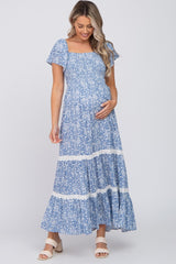 Blue Floral Square Neck Smocked Front Lace Trim Maternity Maxi Dress