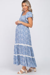 Blue Floral Square Neck Smocked Front Lace Trim Maternity Maxi Dress