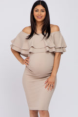 Beige Ruffle Off Shoulder Ruched Maternity Dress