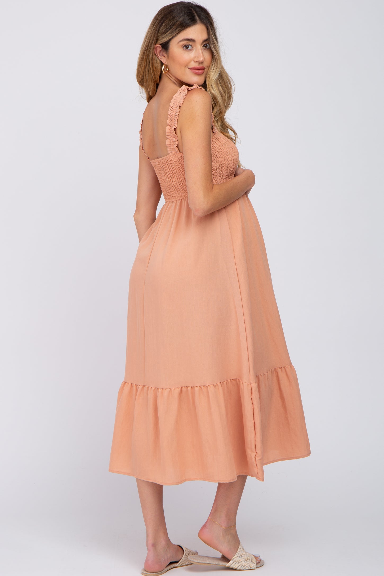 Peach Smocked Maternity Midi Dress