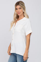 Ivory Collared Button-Down Short Sleeve Blouse