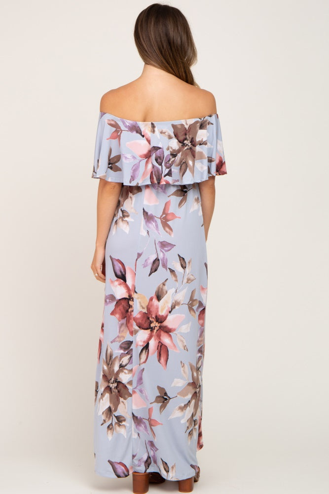 Light Blue Floral Off Shoulder Maternity Maxi Dress