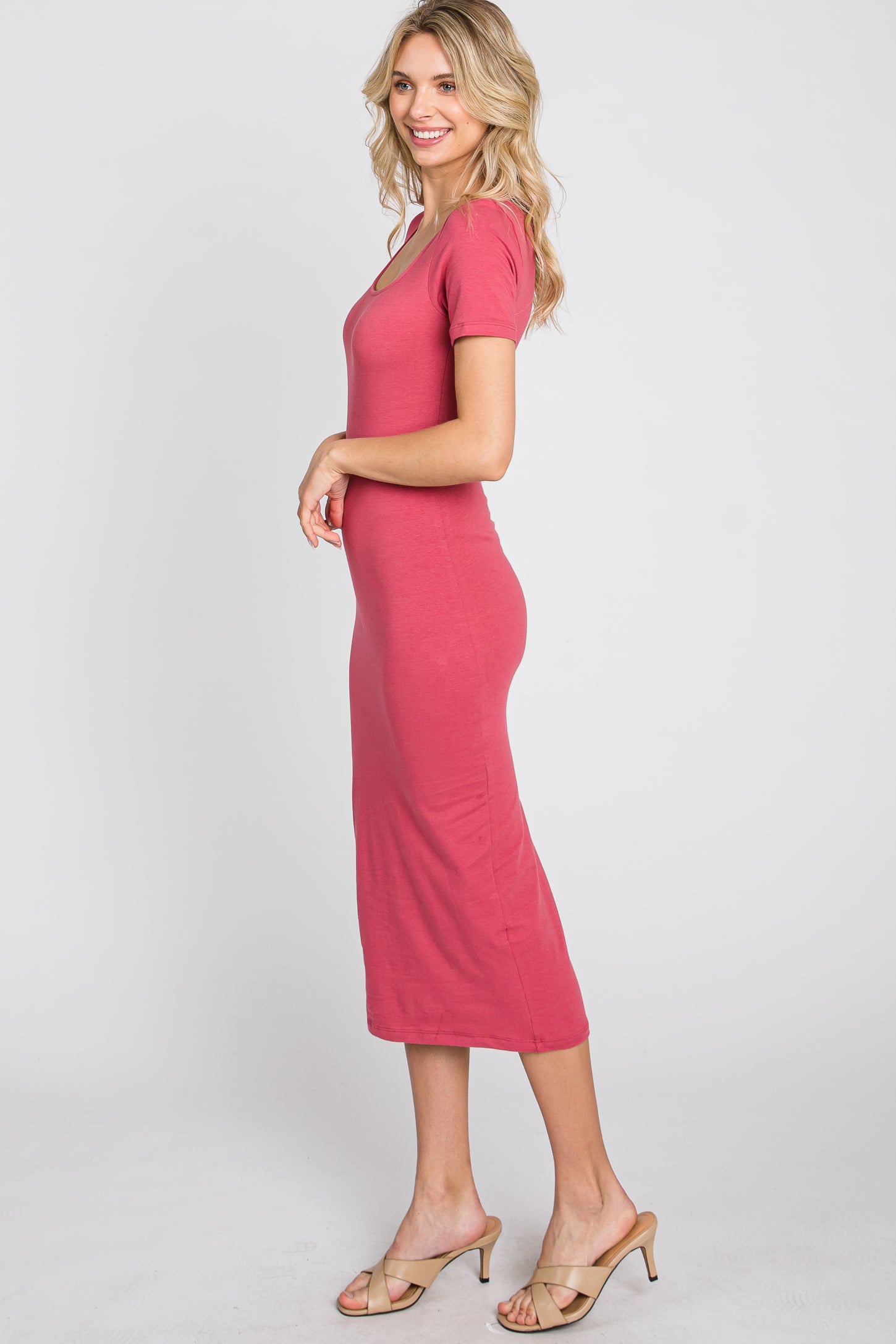 Coral Fitted Midi Dress