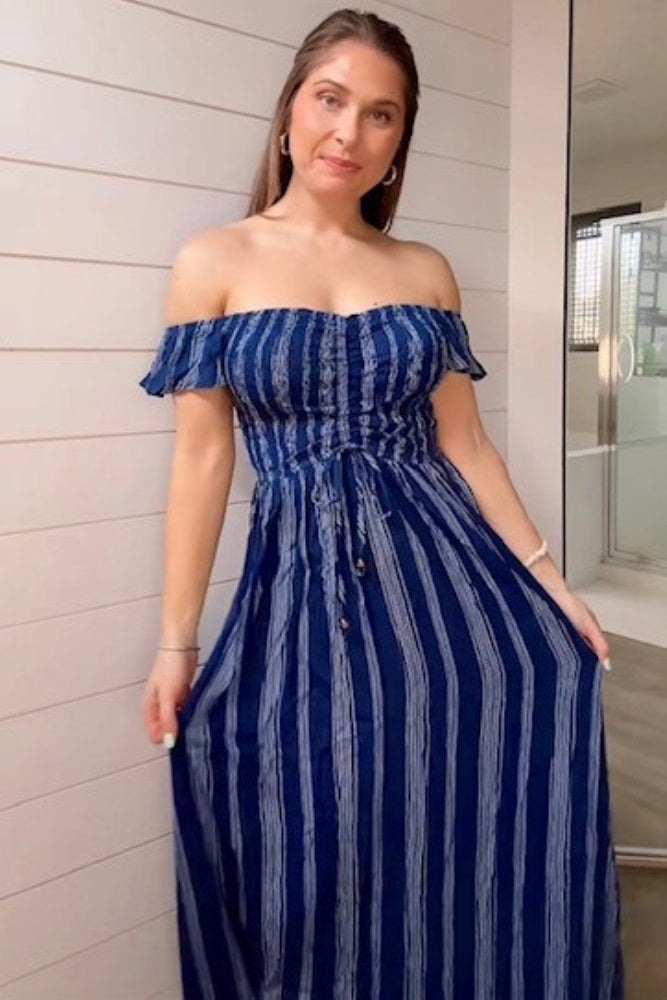 Navy Blue Striped Off Shoulder Front Tie Maxi Dress