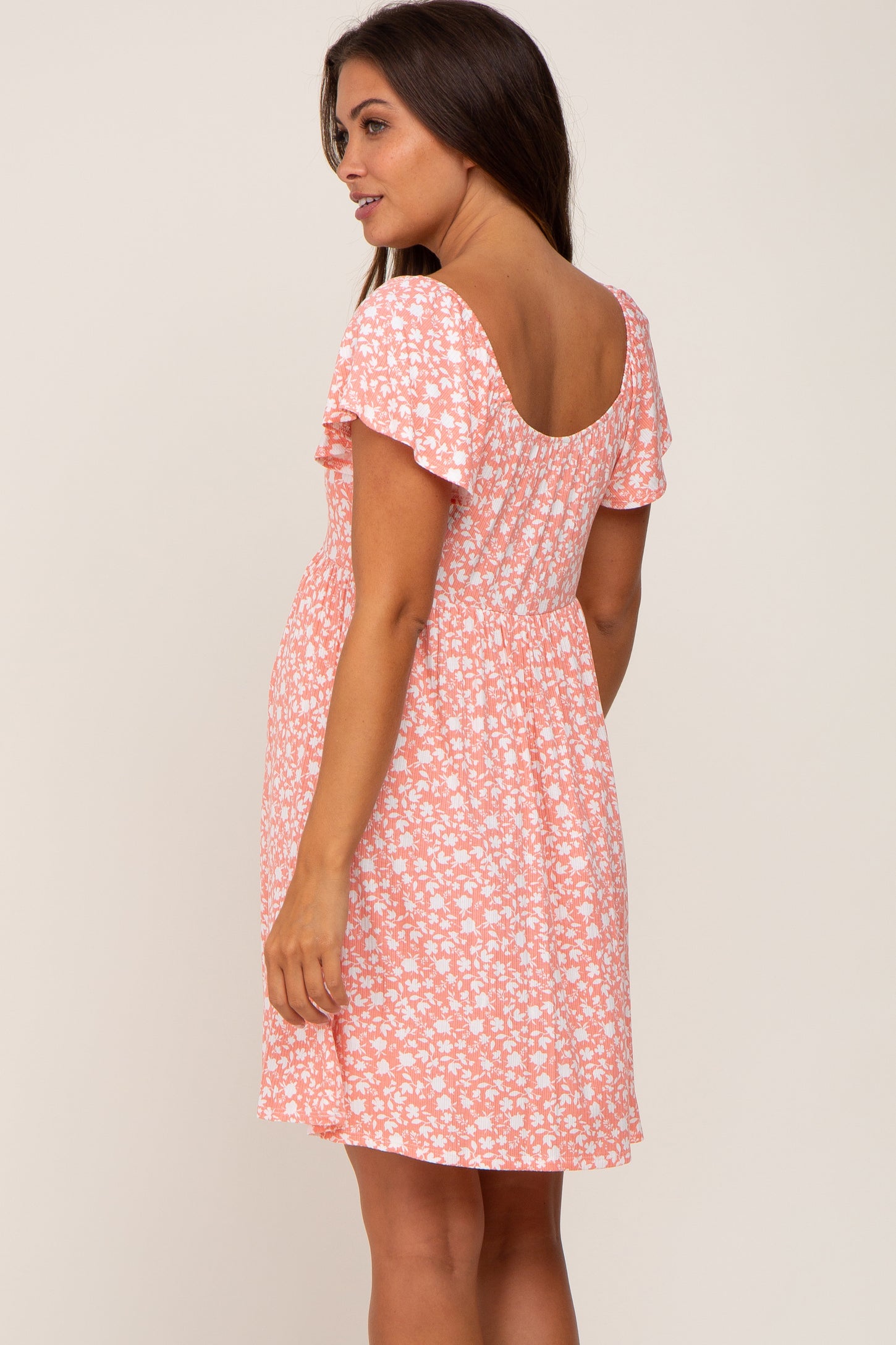 Coral Floral Ribbed Sweetheart Neck Ruched Front Maternity Dress