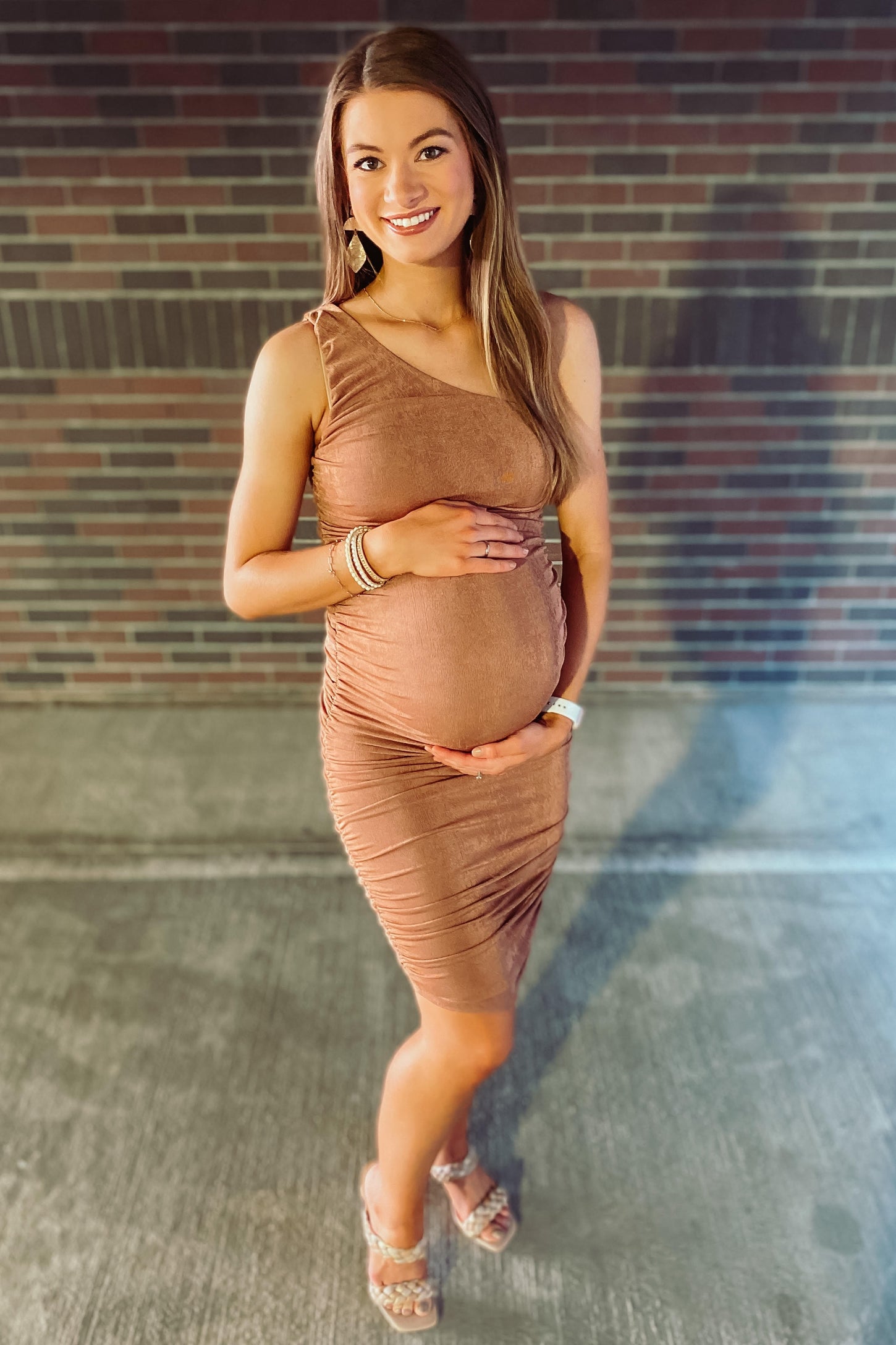 Brown One Shoulder Ruched Maternity Midi Dress