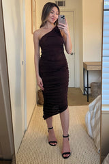 Brown One Shoulder Ruched Midi Dress