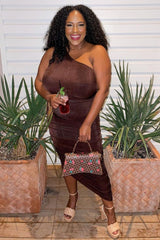 Brown One Shoulder Ruched Midi Dress