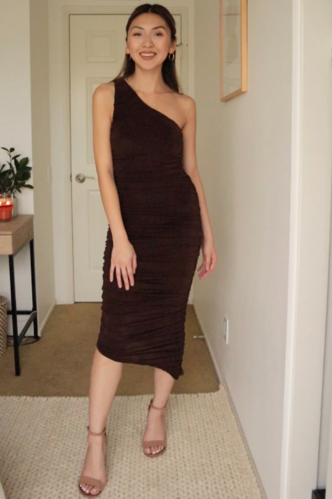 Brown One Shoulder Ruched Midi Dress