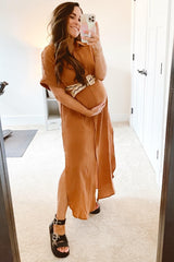 Camel Button Down Maternity Midi Dress