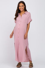 Light Pink Button Down Maternity Midi Dress