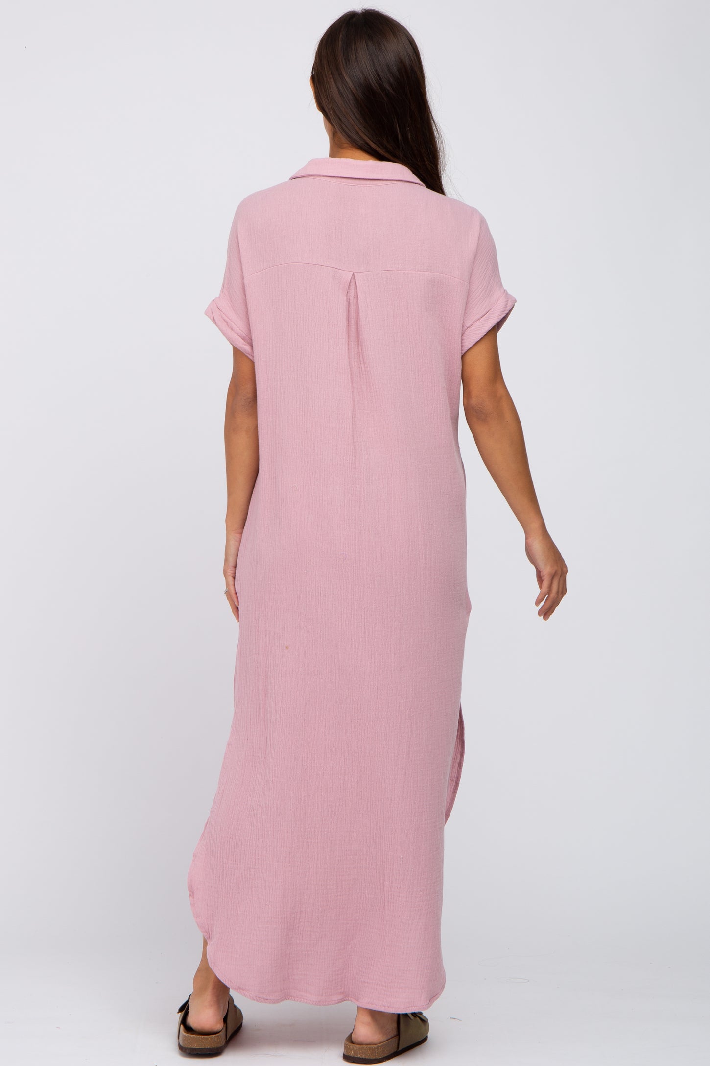 Light Pink Button Down Maternity Midi Dress