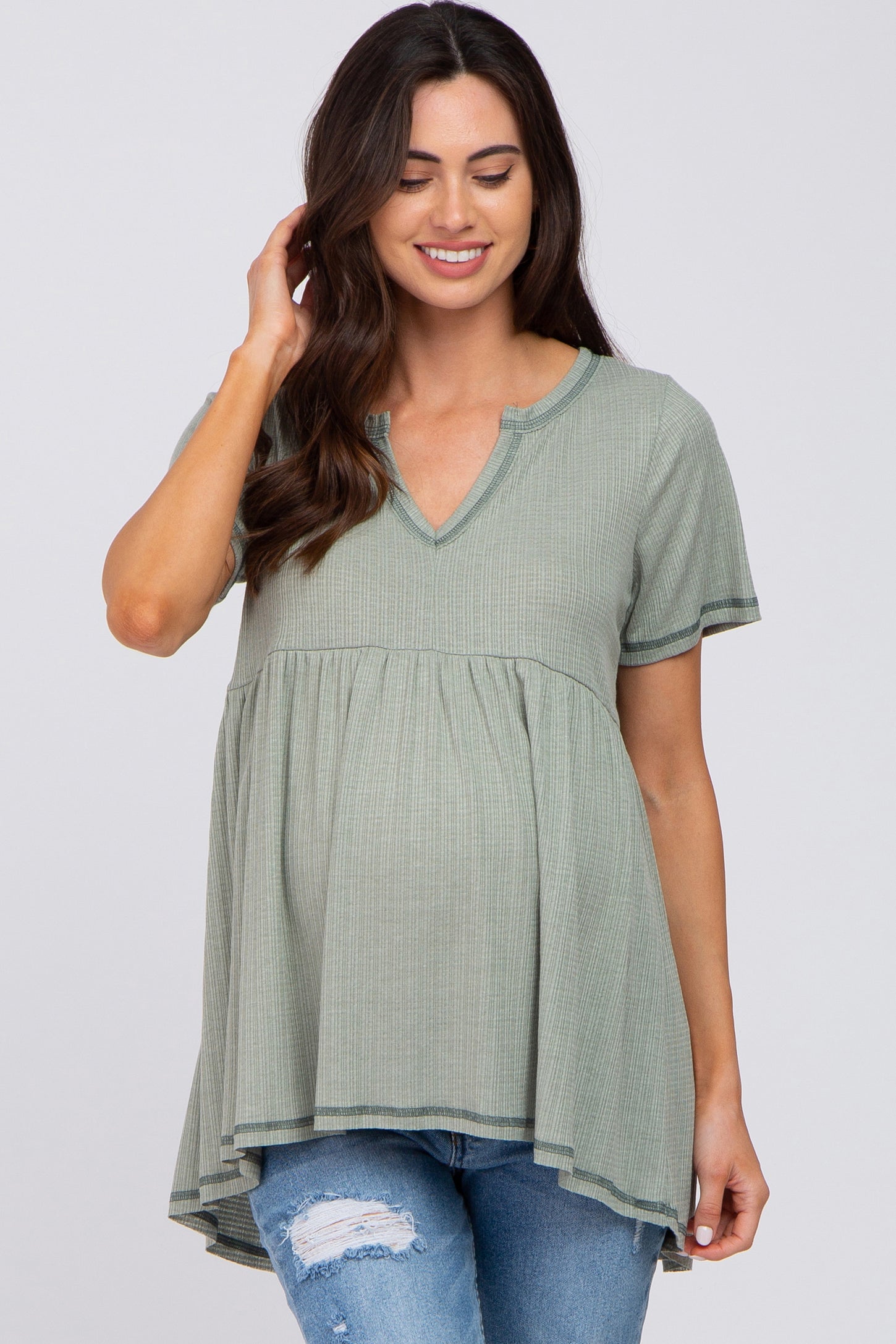 Light Olive V Neck Maternity Top